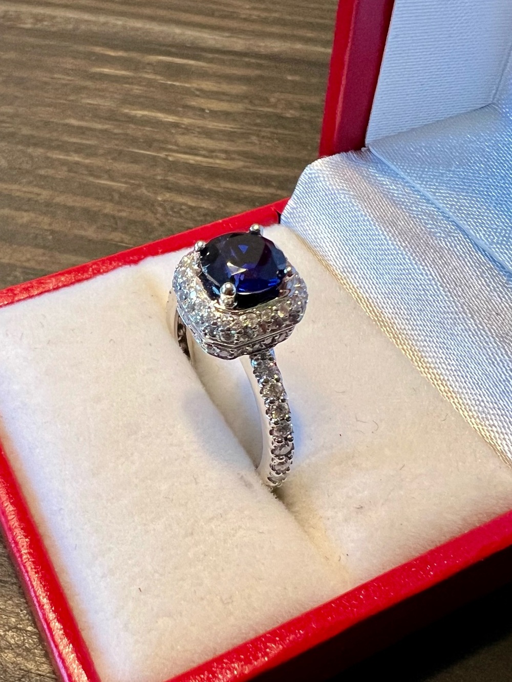 Elegant Blue Crown Halo Ring with Pavé Band